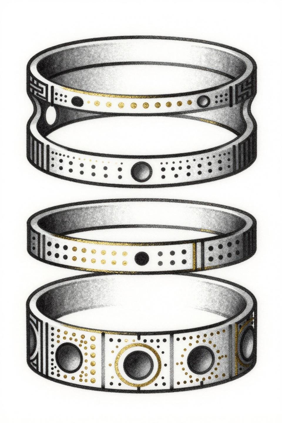toe tattoo adjacent art deco cuff flash, stacked thin bands alternating solid and dotted segments, circular void cutouts, compass-drafted geometry flat fills on white paper