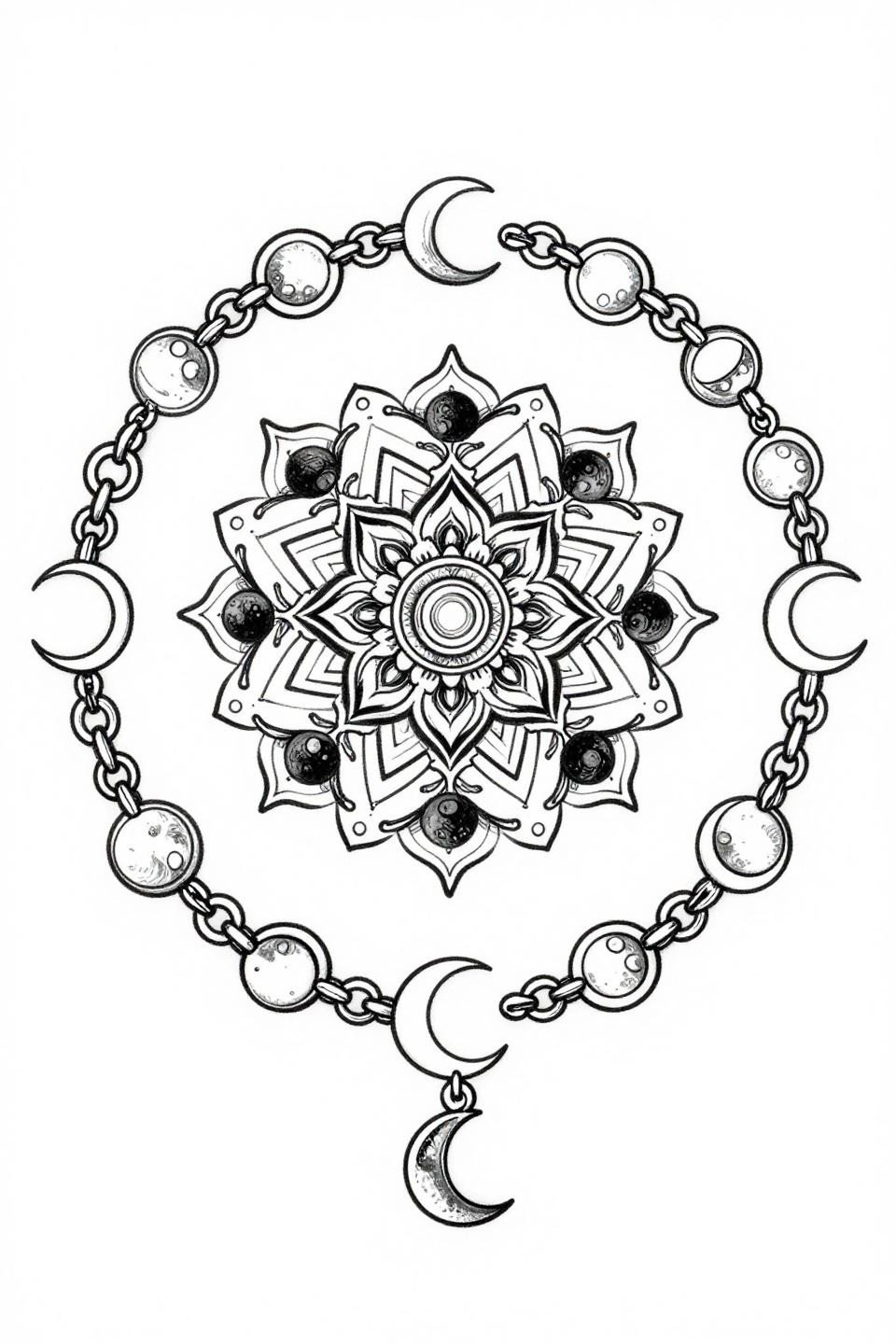 ankle foot tattoo art nouveau style, chain anklet with crescent moon charms and lunar phase detail, 1pt clean outlines open negative space fills, radial symmetry on white flash paper