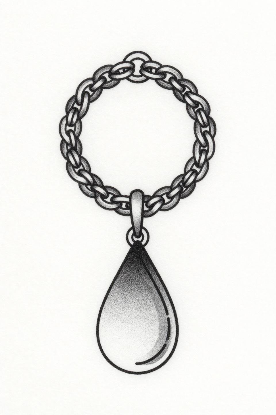 hidden ankle tattoo blackwork dotwork style, chain loop cuff with teardrop charm, stipple gradient dense at core open at edges, hairline link outlines on white flash paper