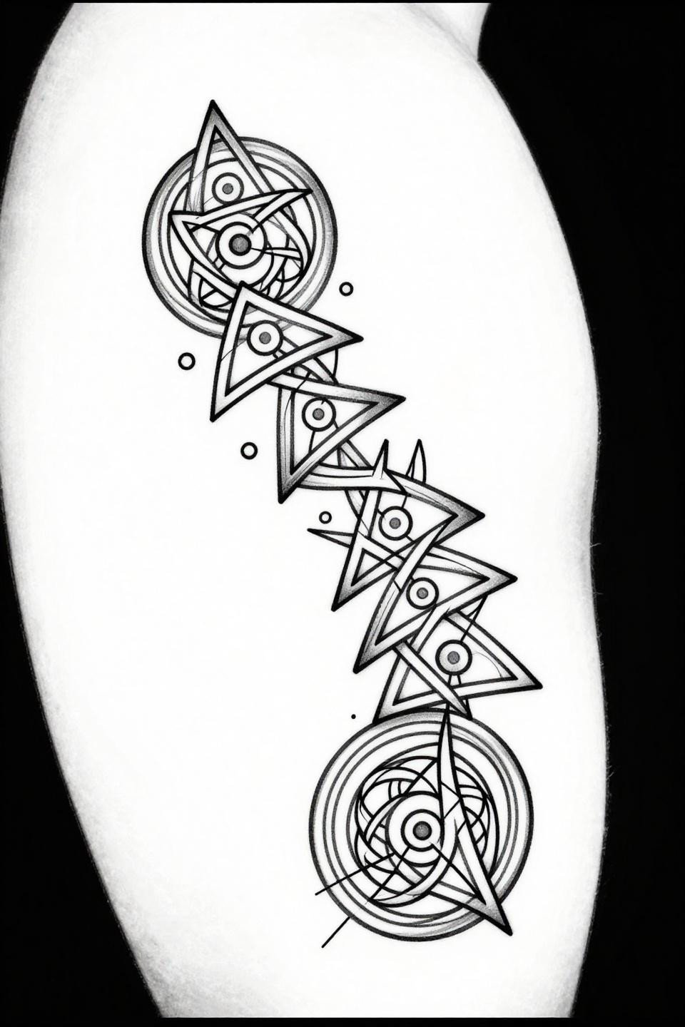 knee tattoo adjacent ankle tattoo celtic geometric flash, descending triangle series on circular band, centered dot per triangle, hairline 0.5mm strokes grey wash midtones on white paper