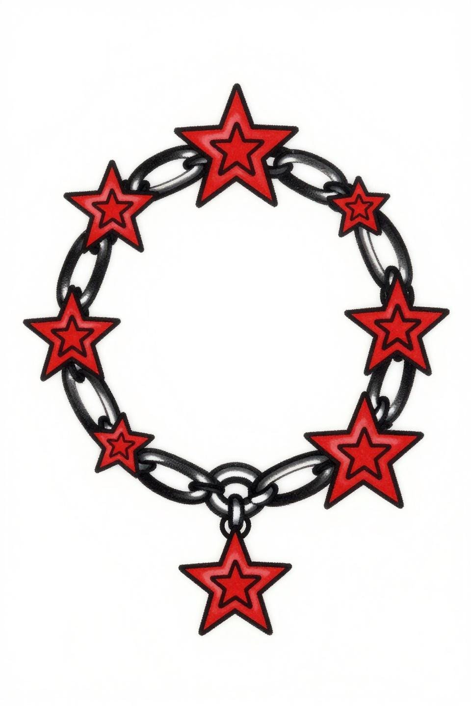 toe tattoo adjacent traditional American ankle cuff flash, chain band with five-point star pendants, inner star geometric inset, bold 2-3pt outlines flat crimson fills on white paper