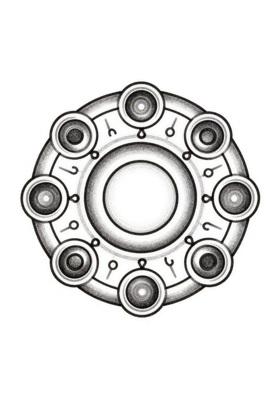 ankle cuff tattoo chicano grey wash style, geometric band with suspended circular void charms, whip shading dense to open midtones, clean black outlines on white flash