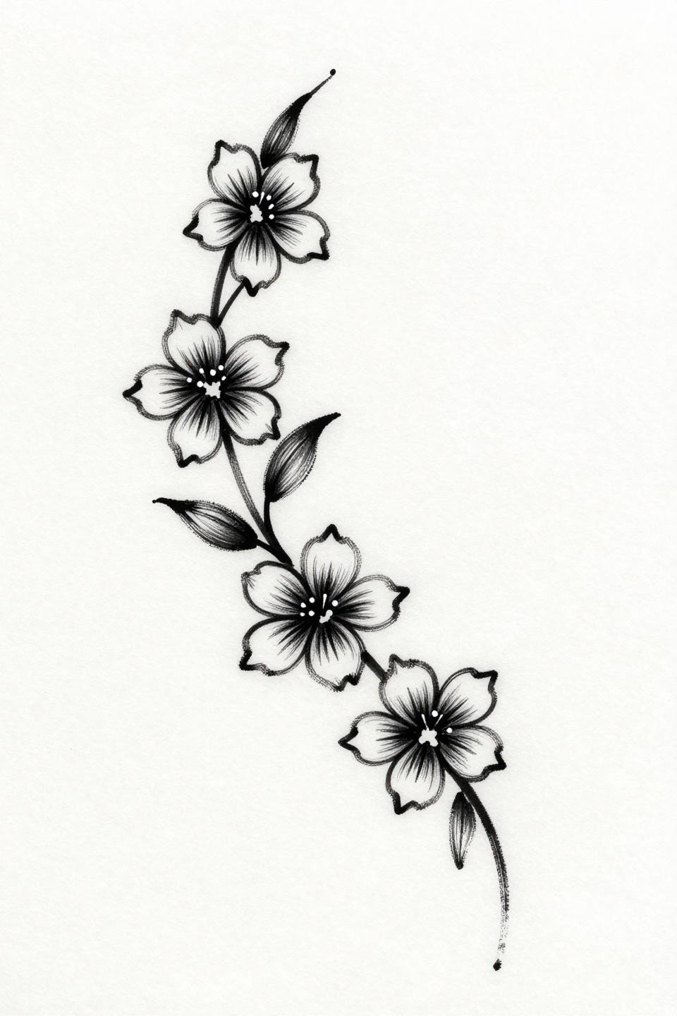 dainty ankle tattoo botanical scientific illustration style, vine with five-petal flowers and alternating leaves, calligraphic brush wet ink strokes, open negative space on white flash paper