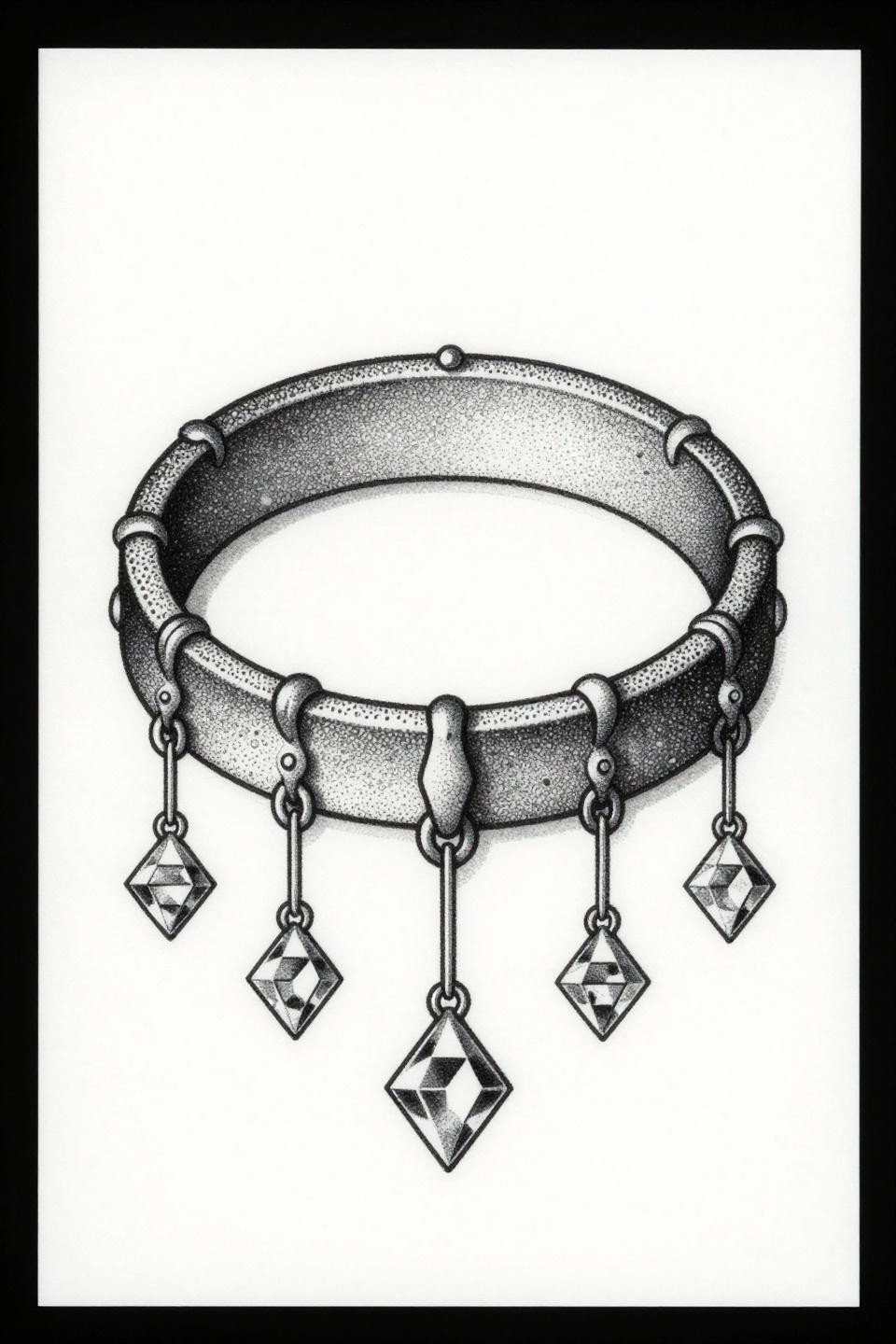 meaningful ankle tattoo dotwork style, stipple dot circular band with diamond pendants, gradient dense at band open at pendant edges, black ink on white flash paper