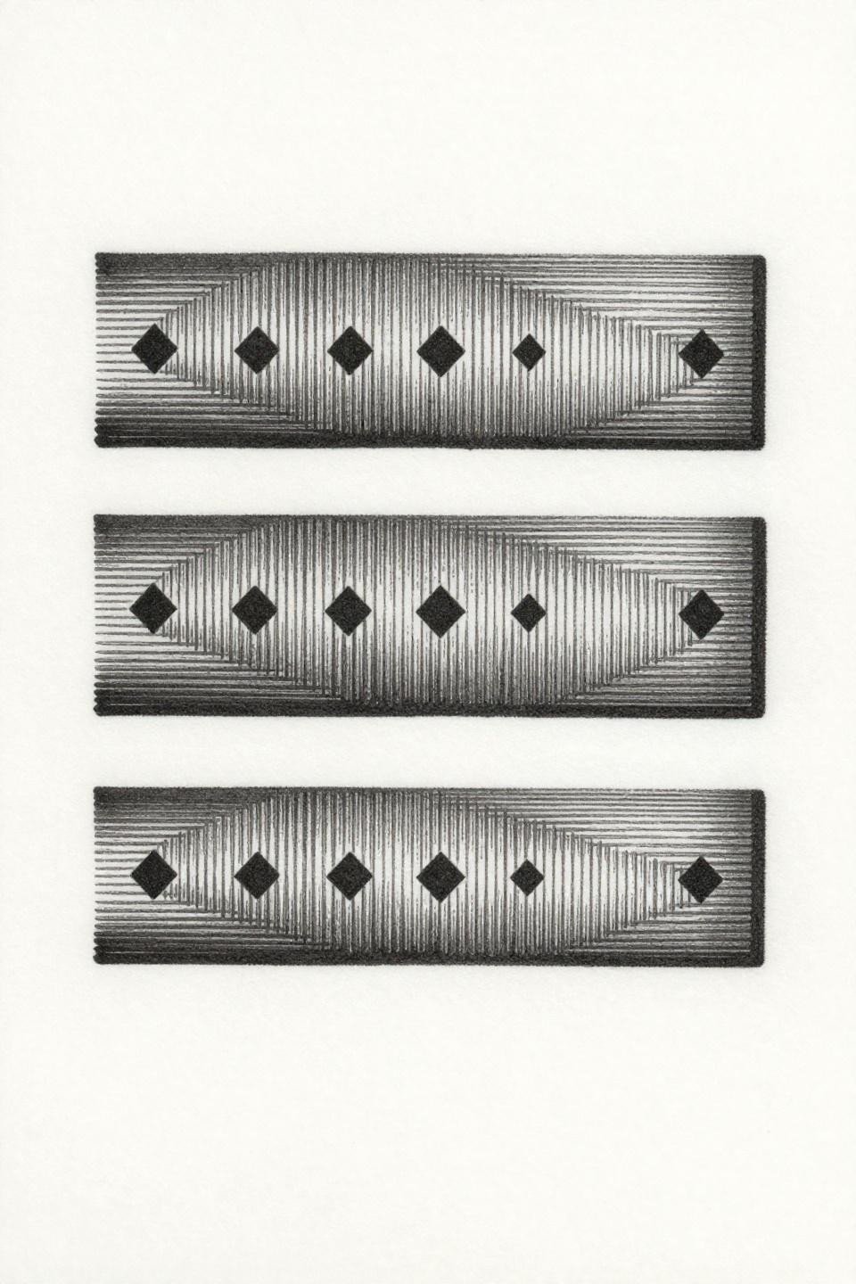 feet tattoos for women etching woodcut style, three stacked parallel line bands with diamond cutout intervals, hairline ruled strokes bilateral symmetry on white flash paper