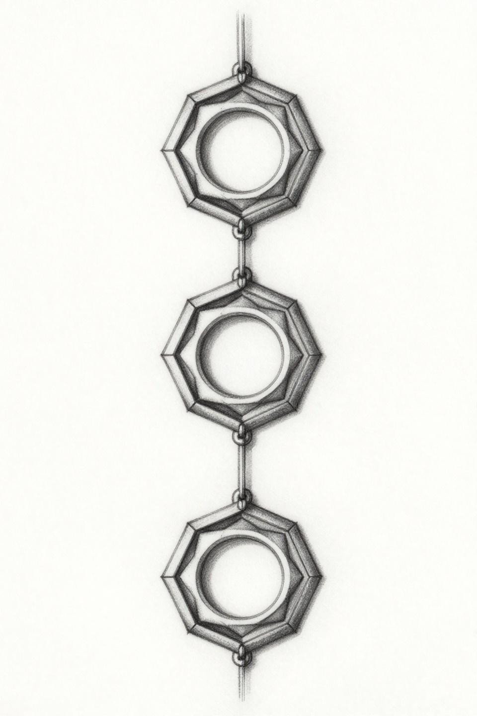 ankle tattoo micro-realism style, hexagon pendants on hairline thread cuff, 0.5mm single-needle strokes, open negative space, grey wash dilution on white flash paper