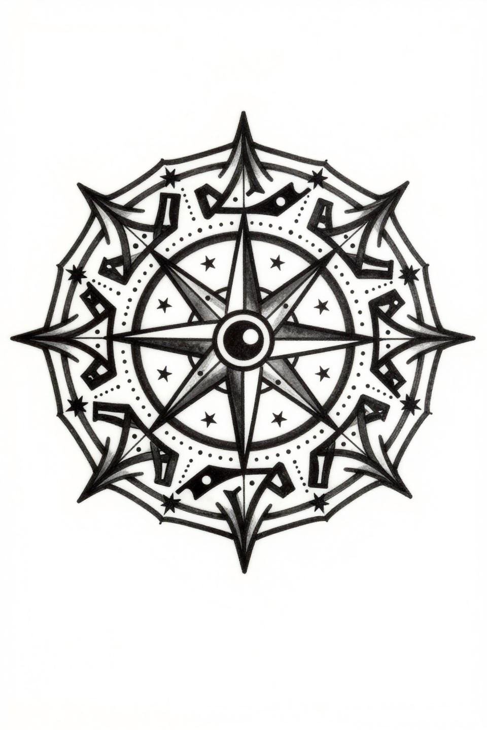 ankle cuff tattoo tribal geometric style, zodiac constellation band with compass rose anchor, bold 2-3pt outlines flat black fills, high contrast circular composition on white flash paper