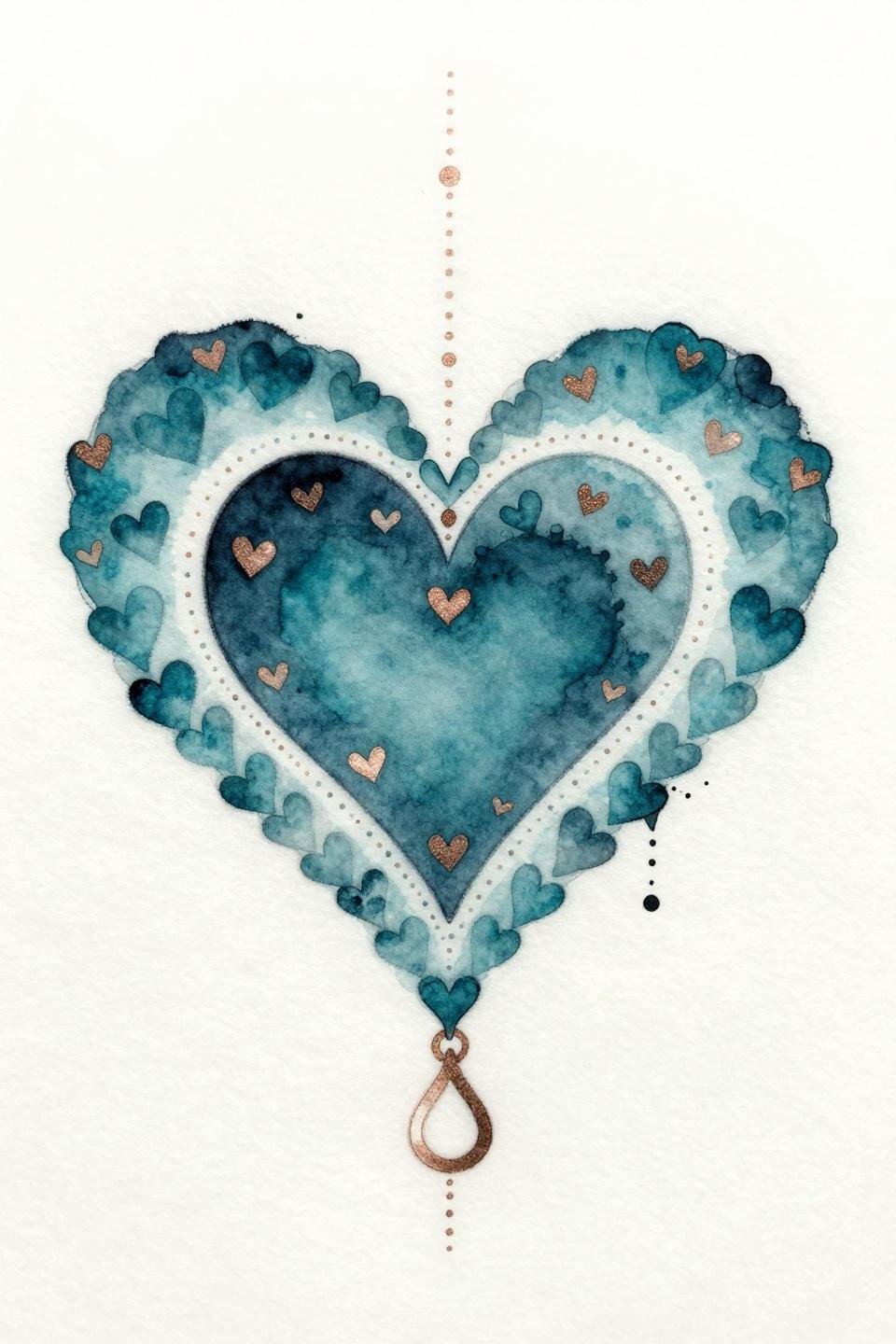 anklet tattoo watercolor style, interlocking hearts horizontal band with infinity pendant, wet bleed teal and copper accent, calligraphic brush marks on white flash paper