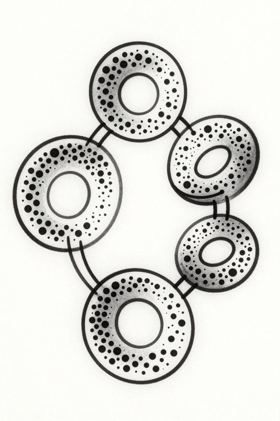 ankle foot tattoo ignorant style flash, hand-drawn circular medallions with constellation dot clusters, bold uneven 2-3pt outlines, flat ink fills on white paper