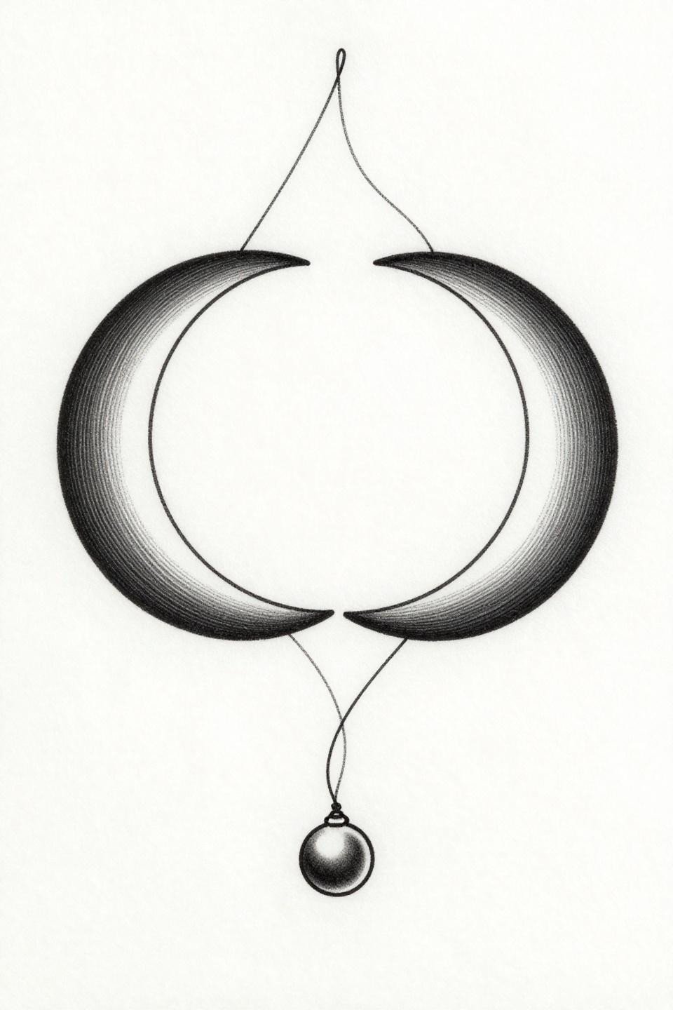 ankle tat Japanese irezumi style, twin mirrored crescent moons with suspended pearl drop, parallel ruled engraving strokes, grey wash midtones circular composition on white flash paper