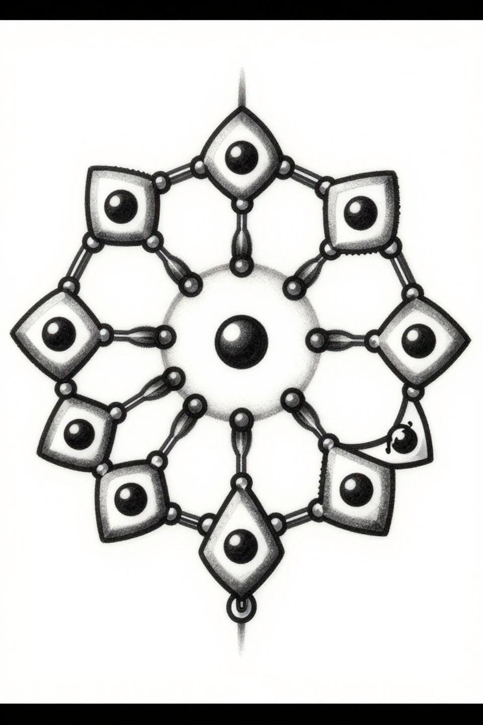 hidden ankle tattoo neo-traditional style, lozenge pendants with whip shadow depth, dimensional grey wash on band curvature, circular composition on white flash paper