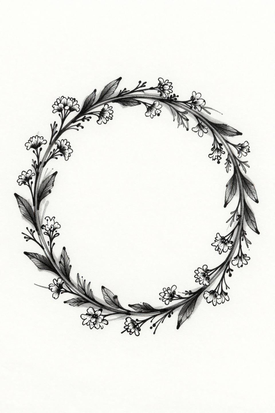 meaningful ankle tattoo continuous single line vine cuff, wildflower clusters at four cardinal points, asymmetric leaf placement, calligraphic brush hairline strokes on white flash paper