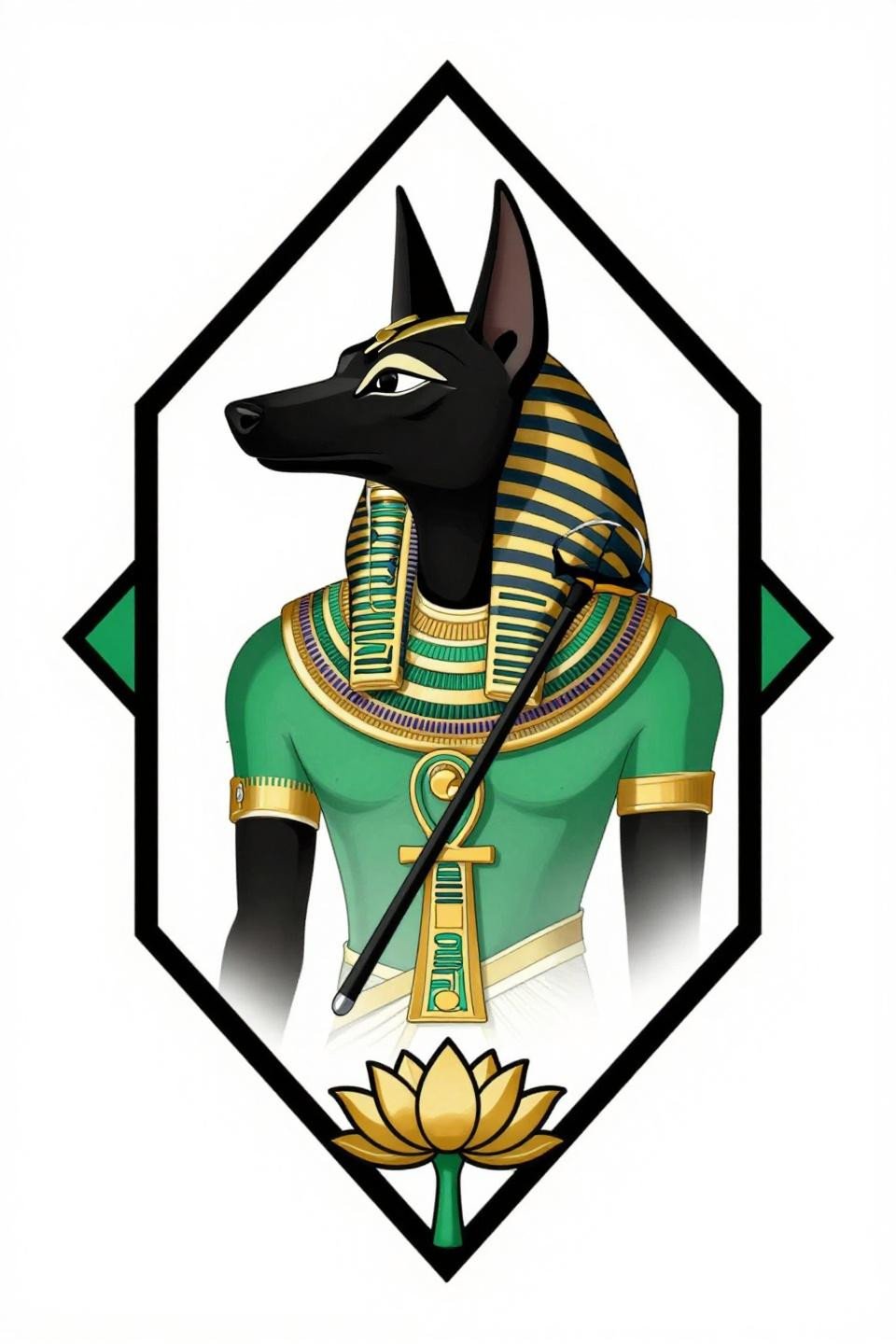 arm tattoos for guys sak yant style Anubis Egyptian flash, diamond geometric frame, bold 2-3pt black outlines, flat forest green and gold fills on white paper