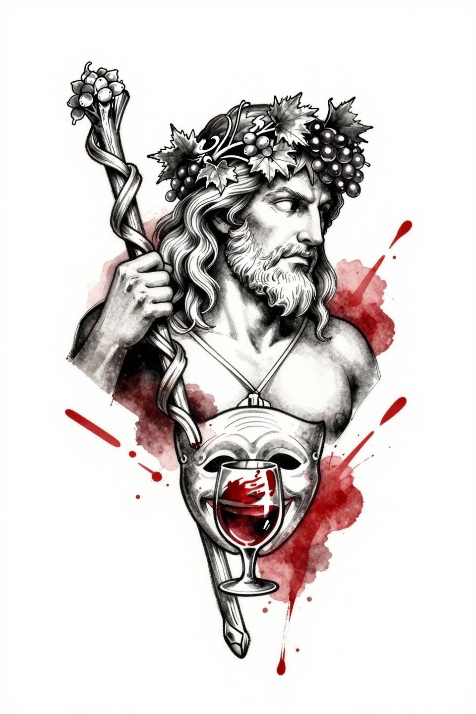 arm tattoos for guys watercolor splash Dionysus Greek mythology flash, calligraphic brush ink linework, deep indigo crimson watercolor bleeds, asymmetric diagonal composition on white paper