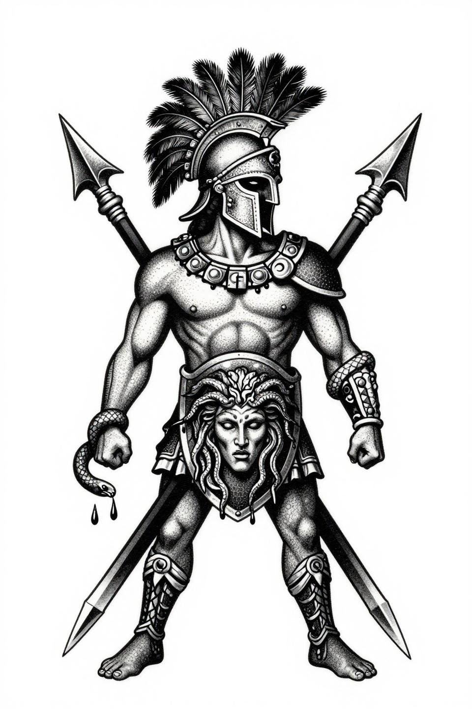 arm tattoos for guys blackwork dotwork Ares Greek mythology flash, stipple dot gradient no solid outlines, bilateral symmetry dense black ink on white paper