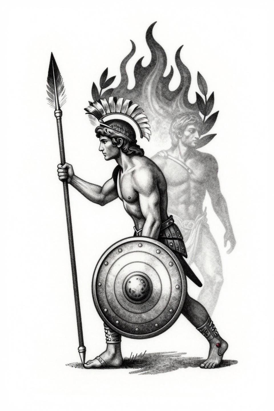 arm tattoos for guys fine line minimal Achilles Greek mythology flash, hairline 0.5mm single needle strokes, open negative space, stacked vertical composition on white paper