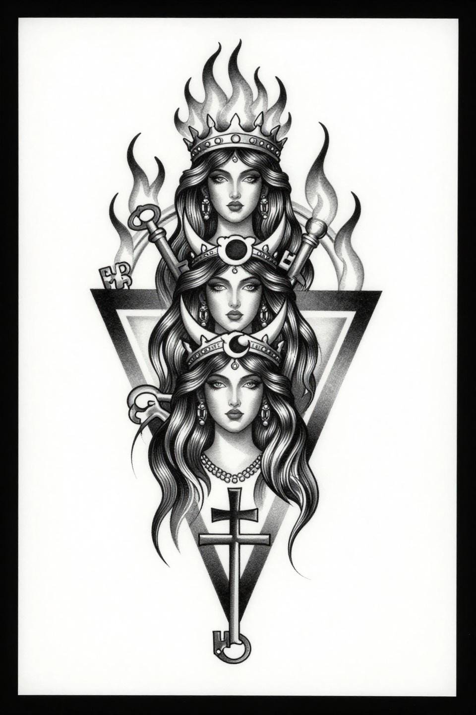 arm tattoos for guys chicano grey wash Hecate triple goddess flash, elongated vertical triangular composition, whip shading open grey wash dilution, no solid black fills on white paper