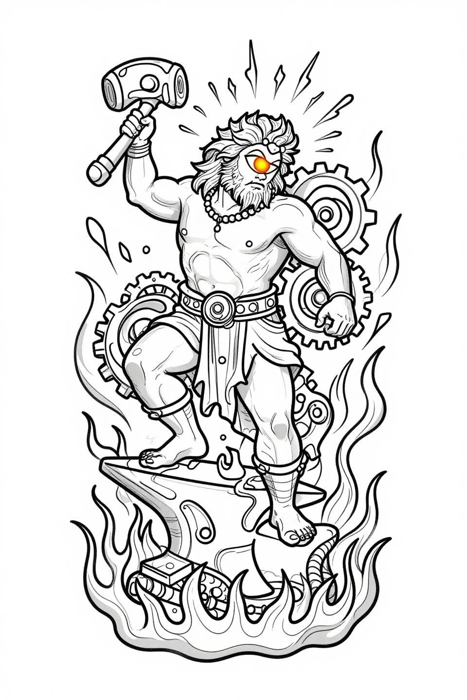 arm tattoos for guys single continuous line Hephaestus flash, unbroken single-weight linework no fills, asymmetric diagonal composition dense black ink on white paper