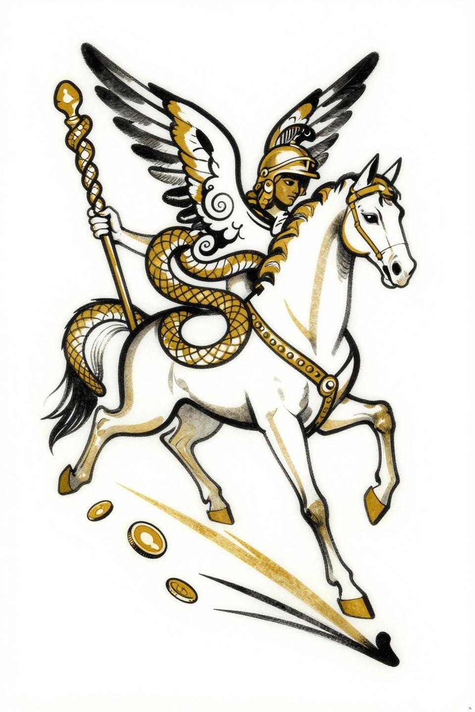 arm tattoos for guys Art Nouveau Hermes Greek mythology flash, sinuous curved 2-3pt black outlines, flat amber gold and solid black fill accents, asymmetric organic flow on white paper