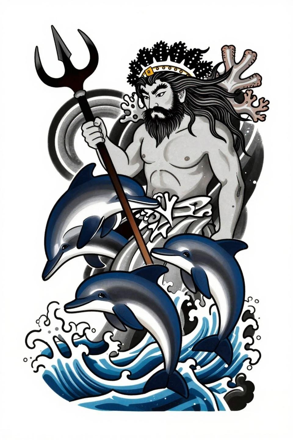 arm tattoos for guys Japanese irezumi style Poseidon flash, bold 2-3pt black outlines, flat navy blue and solid black fills, asymmetric flowing dolphin composition on white paper