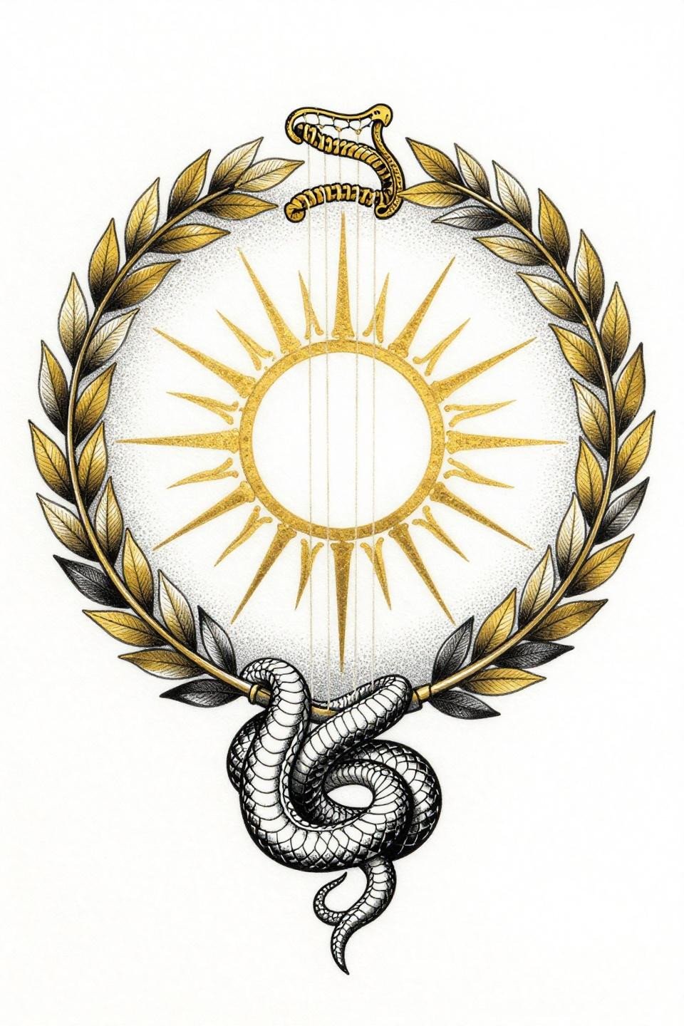 arm tattoos for guys botanical scientific lyre sun mandala flash, stipple dot gradient dense center to open edges, gold ink solid black radial symmetry on white paper