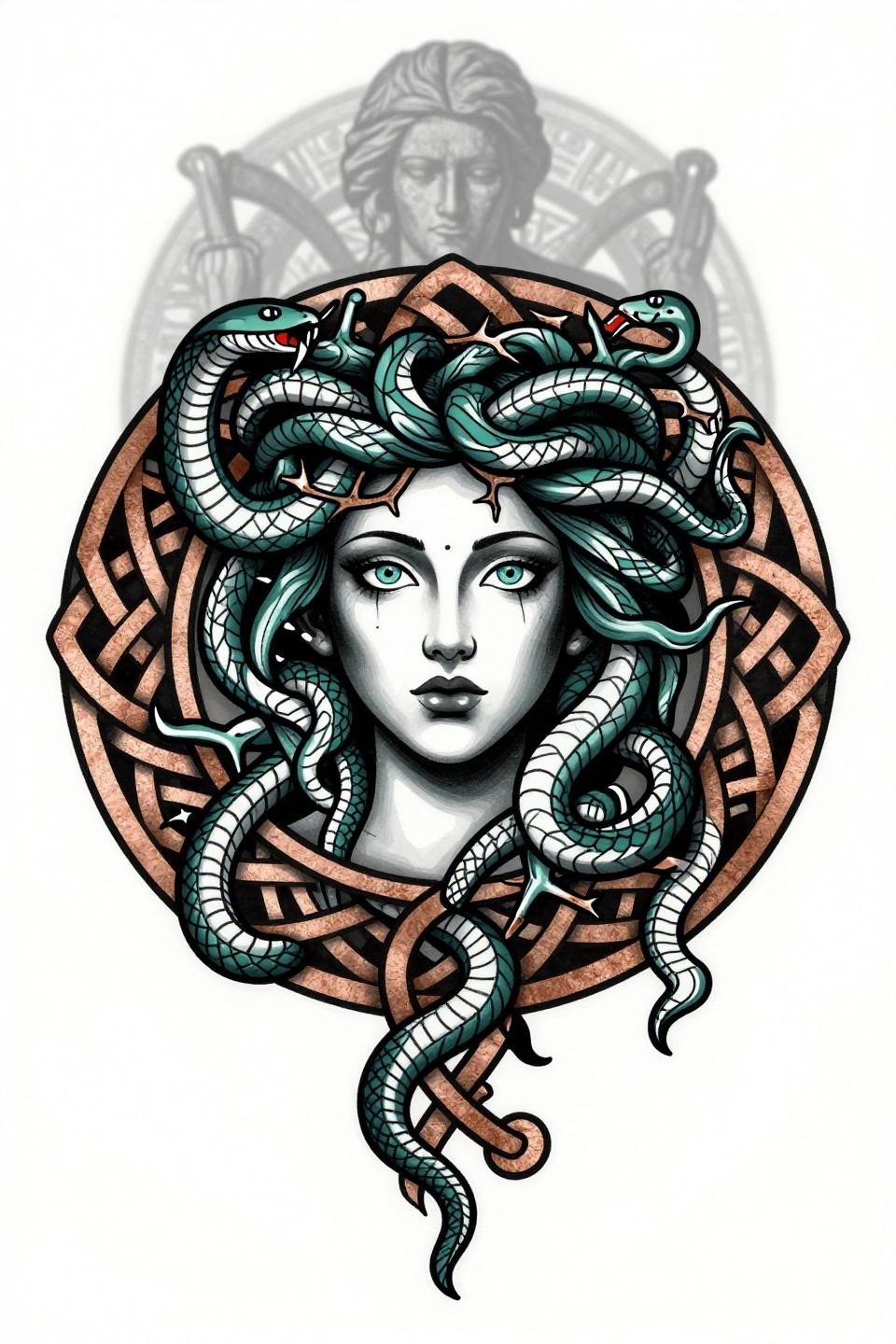arm tattoos for guys celtic knotwork Medusa mandala flash, circular radial symmetry, bold 2-3pt outlines, deep teal and copper metallic accent on black paper