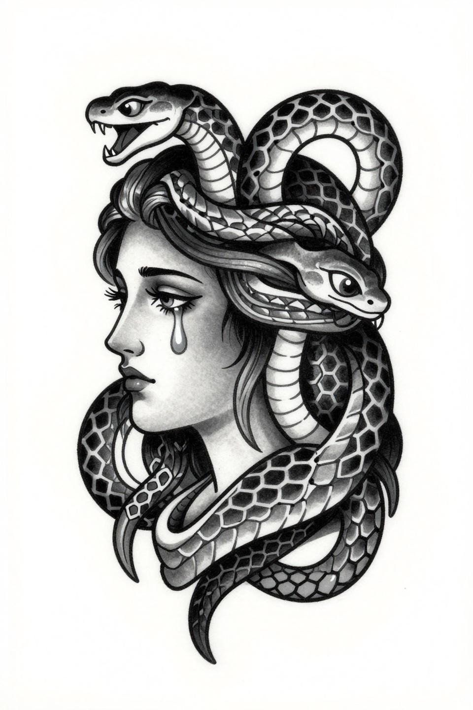 arm tattoos for guys neo-traditional Medusa portrait flash, serpent hair hexagonal geometric lattice, bold 2-3pt outlines, flat grey wash fills no color on white paper