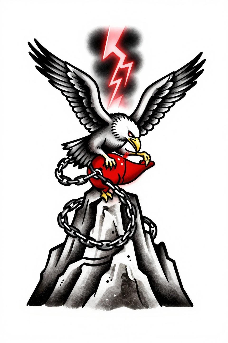 arm tattoos for guys old school sailor Prometheus mythology flash, bold 3pt black outlines, flat crimson red on solid black, stacked vertical vulture composition on white paper