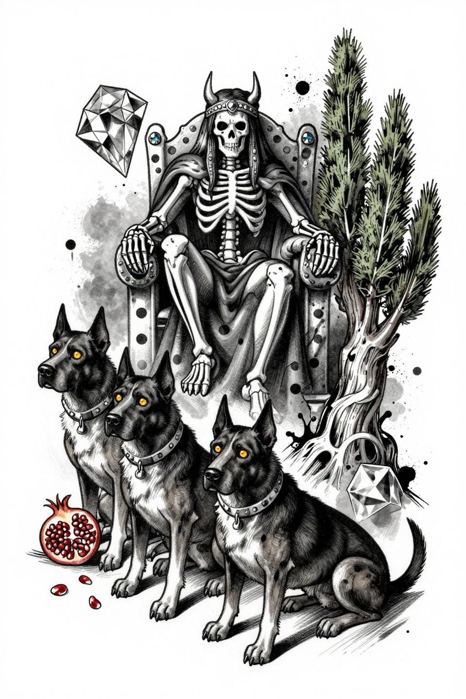 arm tattoos for guys trash polka Hades Cerberus flash, diamond frame raw ink splatter overlays, whip shading bold 3pt outlines, dense black and grey wash on white paper