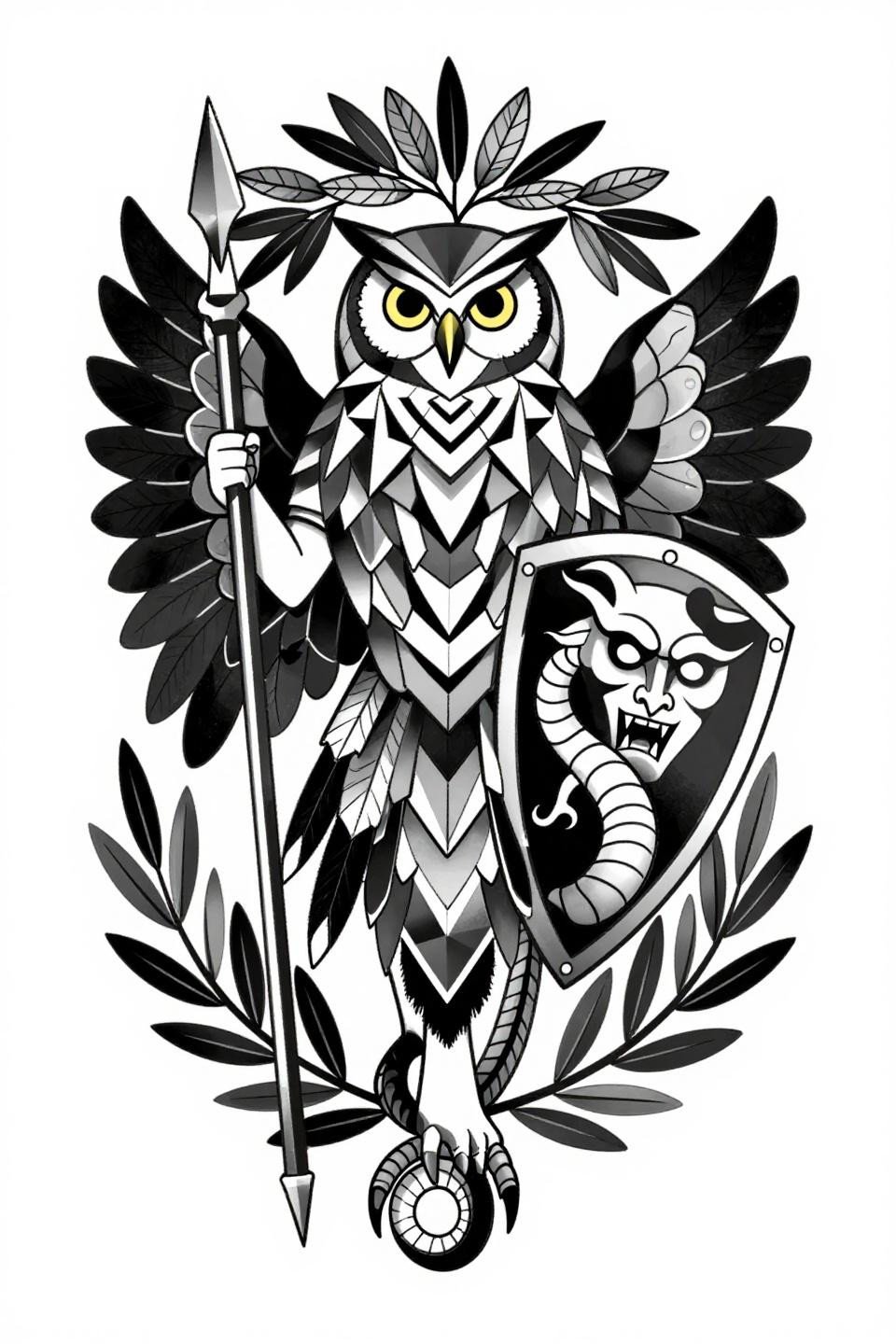 arm tattoos for guys tribal geometric Athena flash, bold 3pt black outlines, solid black fill blocks, angular tribal geometry bilateral symmetry on white paper