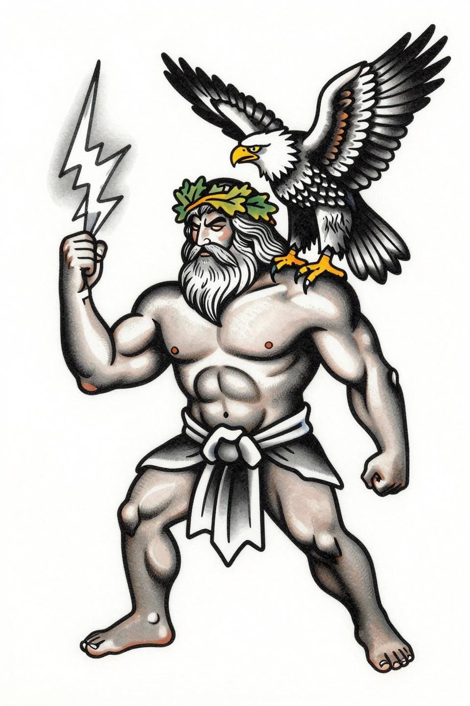 arm tattoos for guys traditional American Zeus flash, bold 2-3pt black outlines, flat grey wash midtones, centered vertical contrapposto composition on white paper