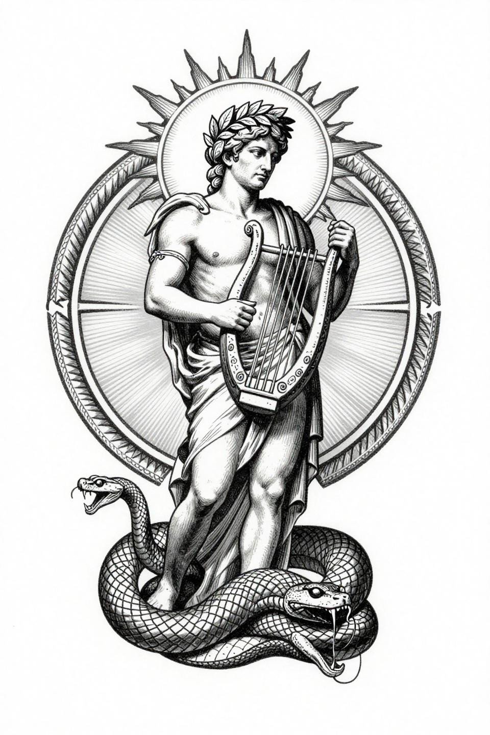 arm tattoos for guys etching woodcut style Apollo Greek mythology flash, circular mandala bilateral symmetry, parallel line engraving hatching, dense crosshatch shadows on white paper