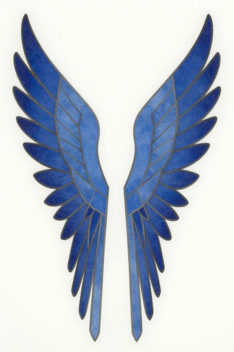 Back tattoo women art deco geometric wings bilateral symmetry cobalt blue faceted planes chevron tiers bold 2pt outlines zero gradients spine axis flash