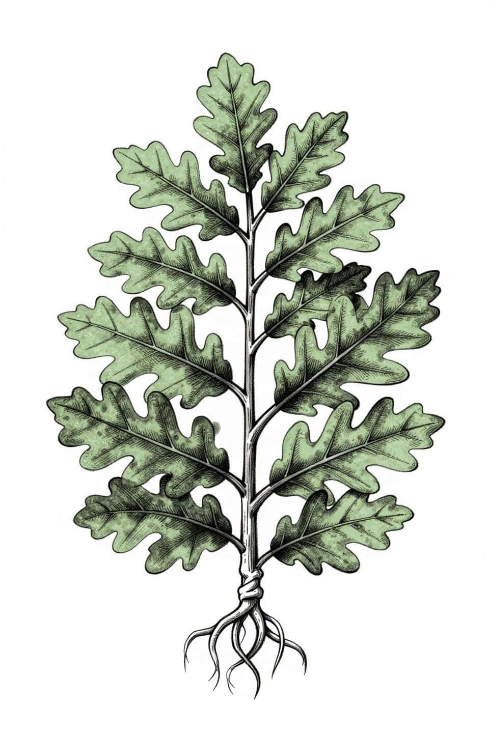 Back tattoo women neo-traditional botanical spine oak fern root tendrils bold 2pt outlines parallel line leaf shading dry brush vein texture sage green fills charcoal