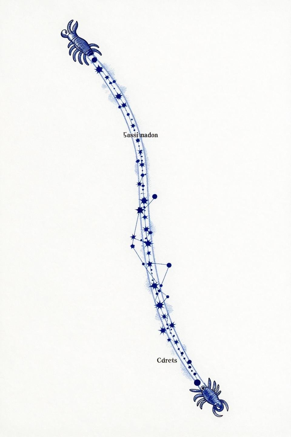 Back tattoo women celestial constellation spine map Orion Cassiopeia Scorpius 0.3pt hairline engraving prussian blue bilateral symmetry crosshatch star clusters