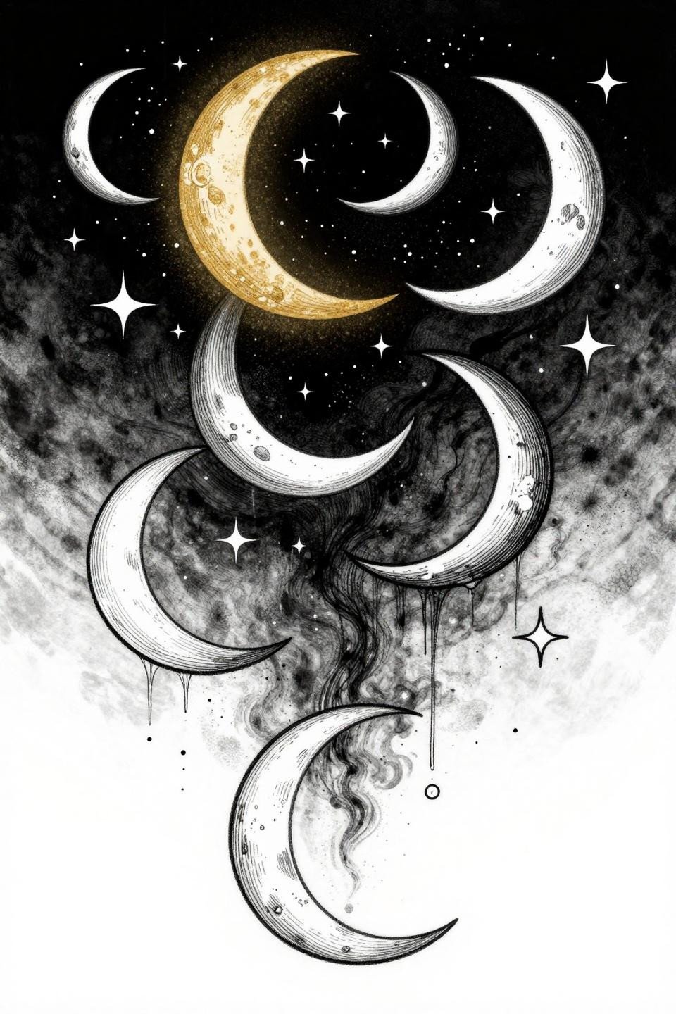 Back tattoo women ethereal moon phases fine line 0.2pt hairline strokes stipple dot star scatter soft gold accent whip shading lunar cascade asymmetric