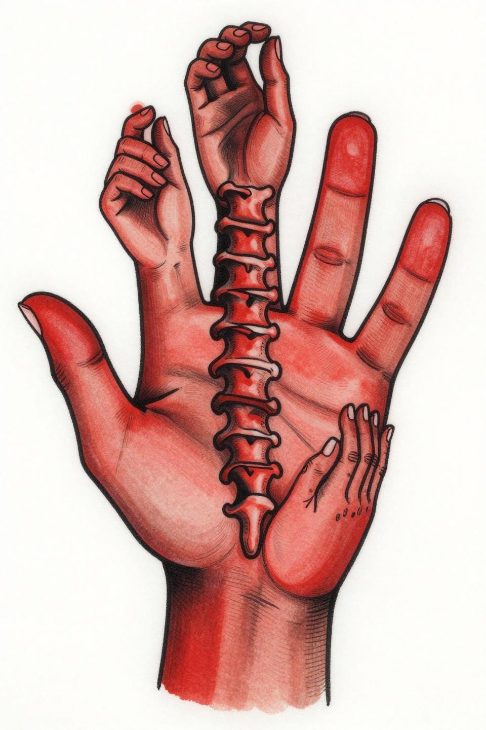 Back tattoo women Chicano fine line feminine hand silhouettes stacked vertebral axis spine whip shading bold 1.5pt outlines negative space crimson black