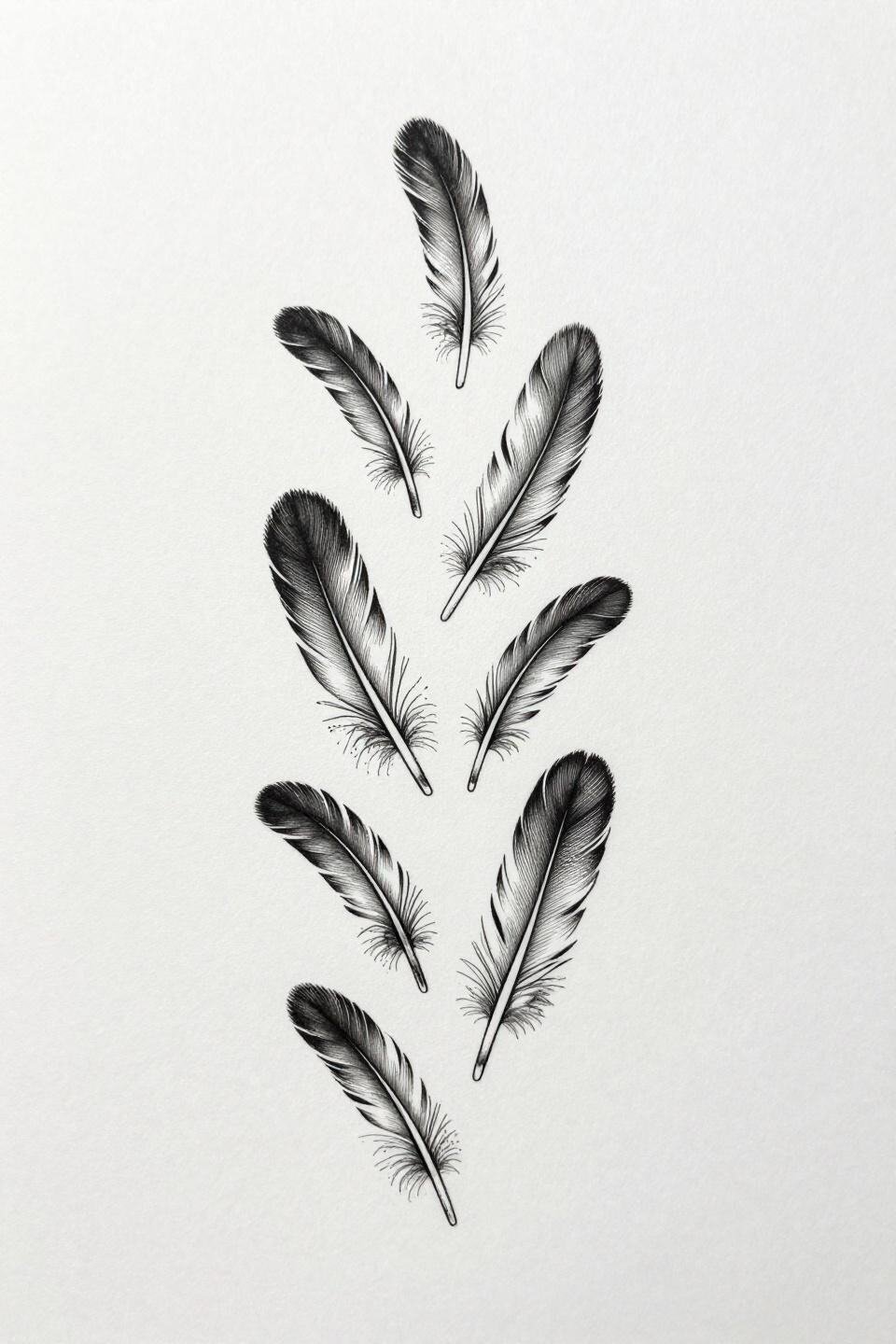 Back tattoo women fine line feathers cascading vertical column 0.3mm hairline barb strokes stipple dot fade rachis negative space carved pure black ink minimal