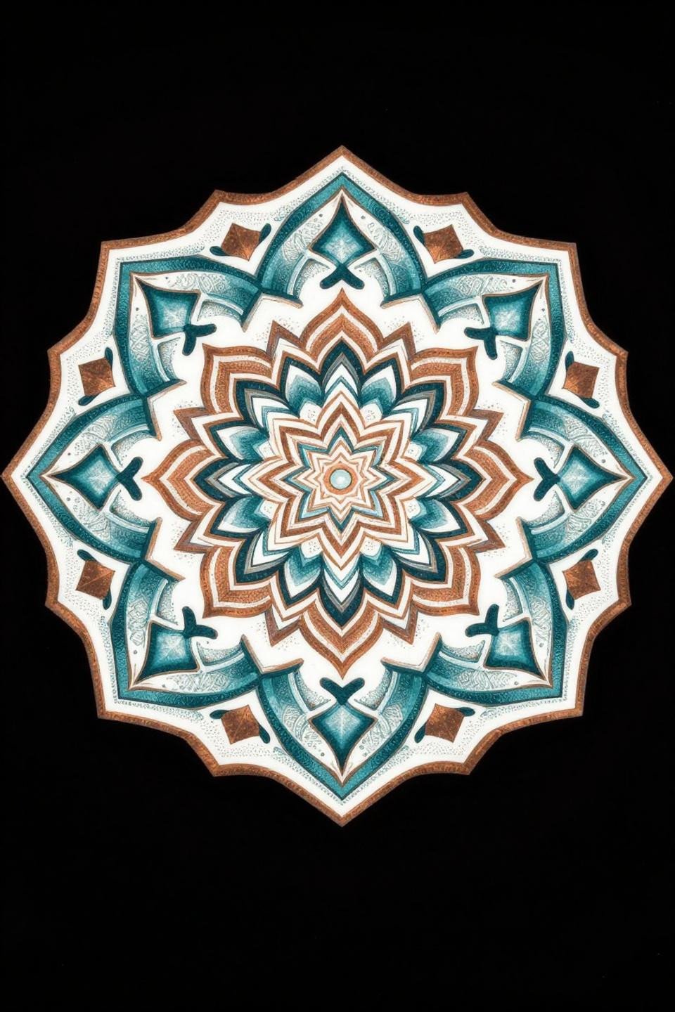 Back tattoo women tribal geometric mandala bilateral symmetry full shoulder span deep teal copper accent stipple dot gradient 2-3pt bold outlines spine axis centered