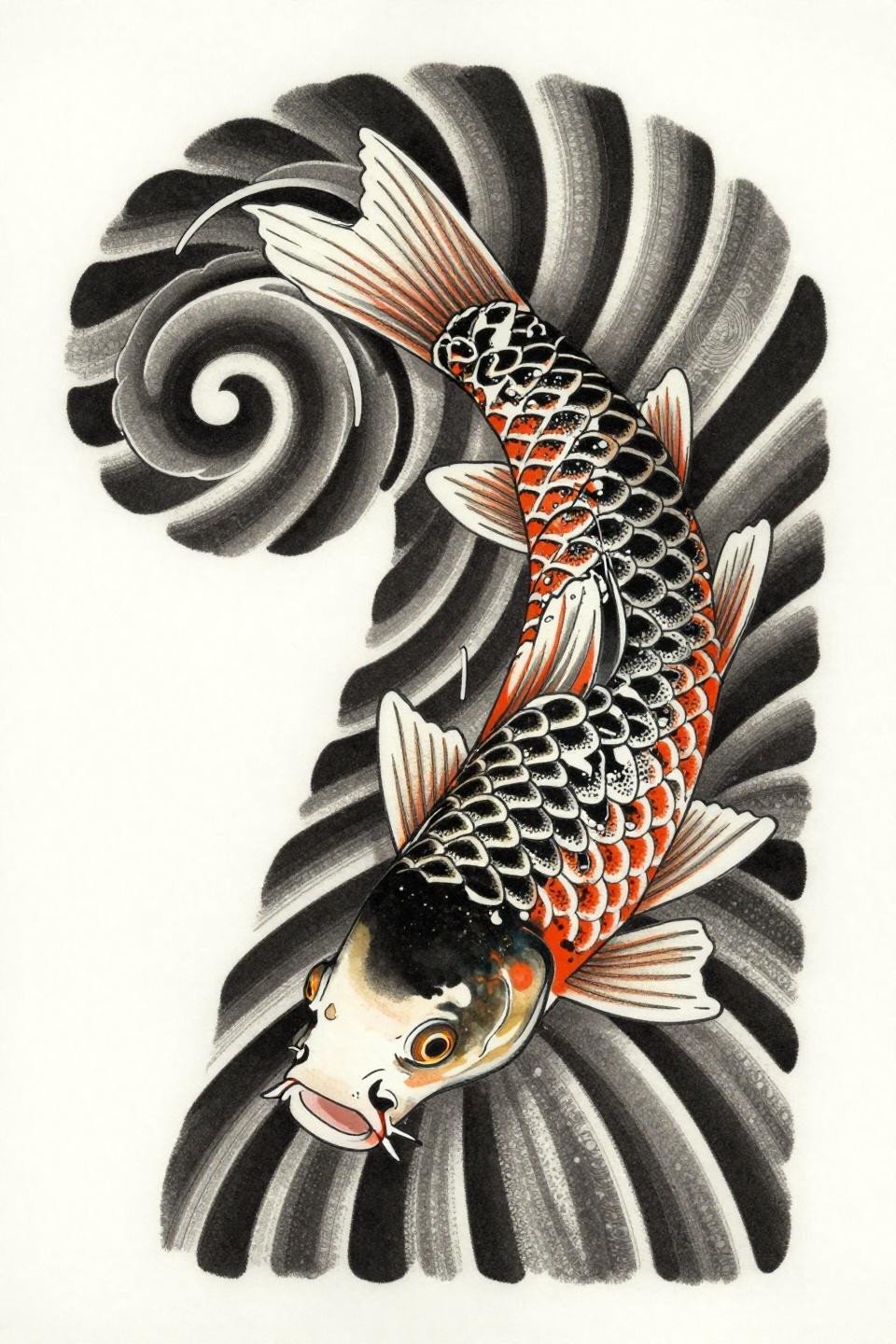 Back tattoo women spine koi irezumi ascending fish stipple scale detail 90 percent dot density bold brushstroke water currents crimson scales parallel fin engraving