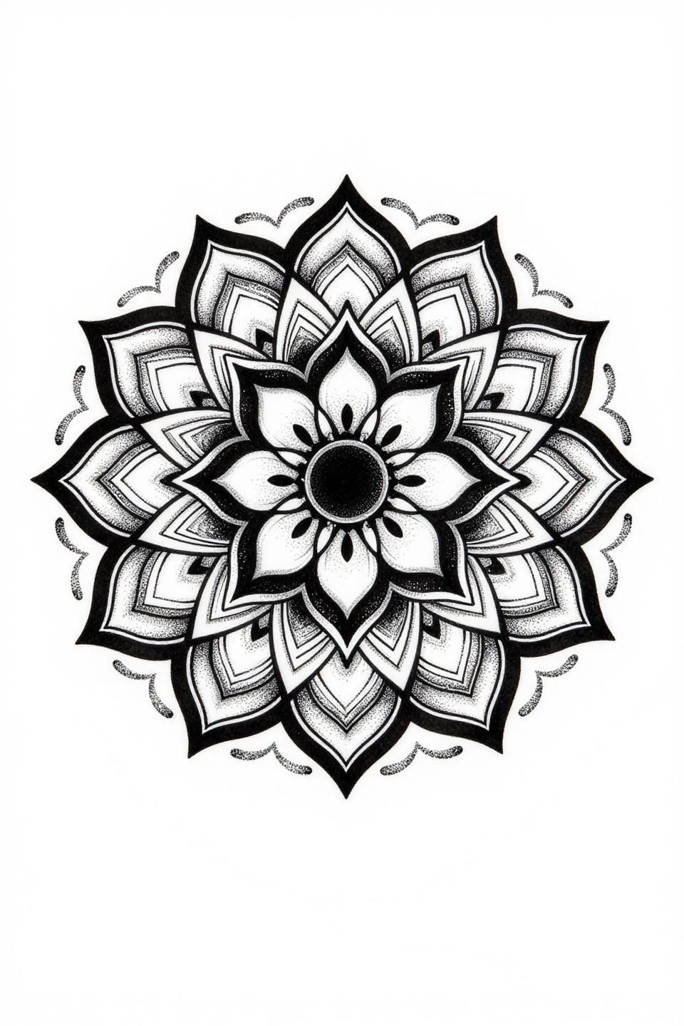 Back tattoo women blackwork dotwork lotus mandala 16-petal tiers concentric geometric rings stipple gradient 90 percent core density 2pt bold outlines pure black spine axis
