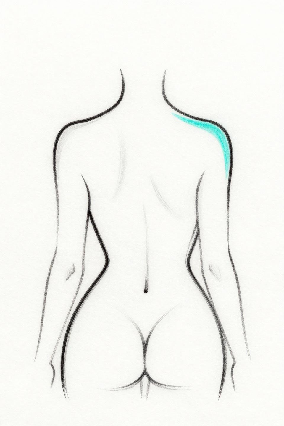Back tattoo women minimalist continuous line art deco feminine silhouette 0.5mm hairline single stroke teal accent whip shading shoulder blade negative space