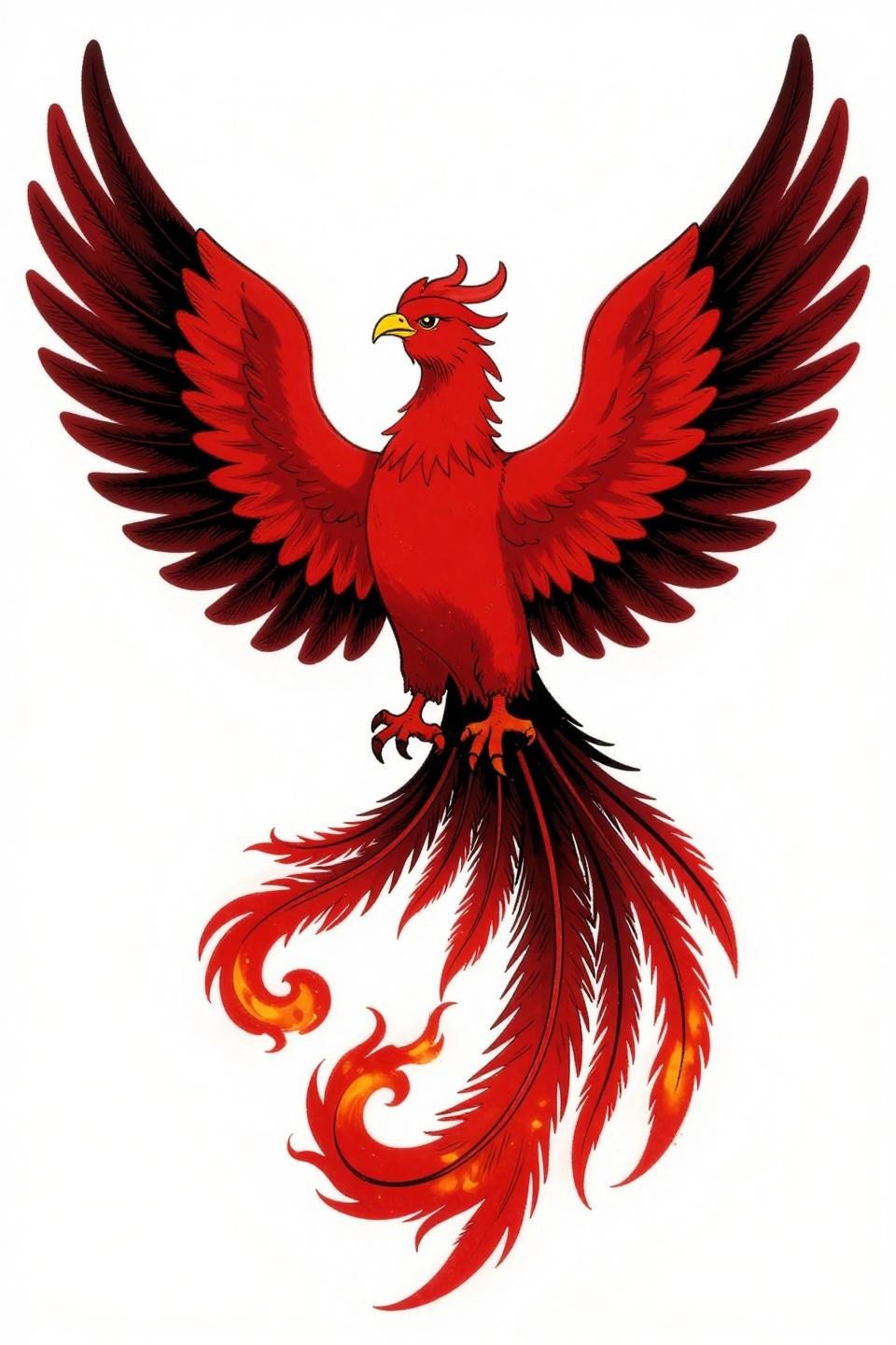 Back tattoo women phoenix rising traditional American bold 2-3pt black outlines whip shading feather tiers flame plumes crimson black fills bilateral scapular wings