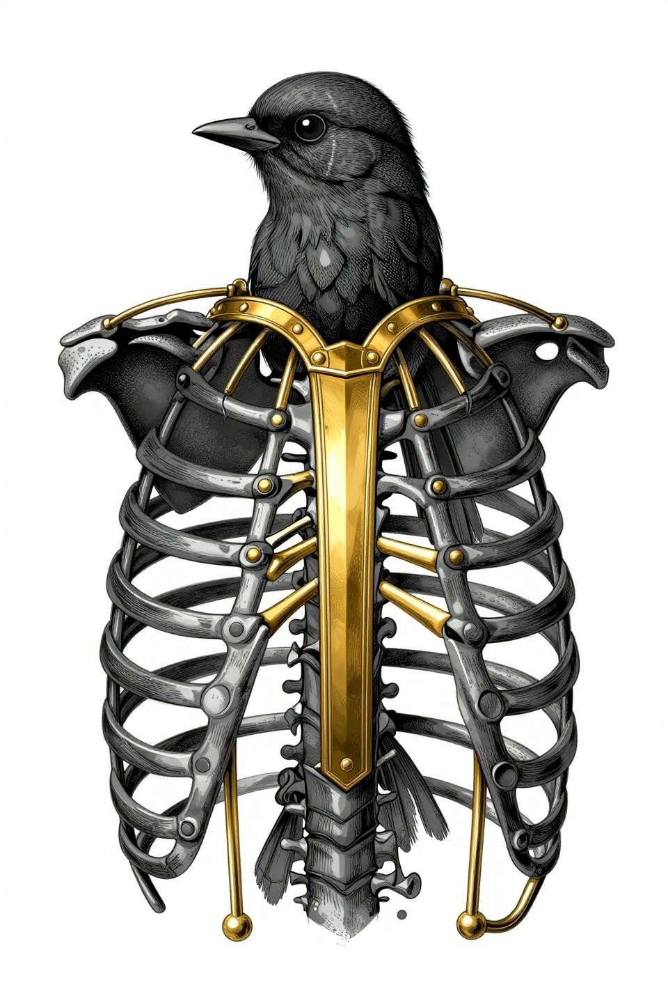 Back tattoo women art deco spine birdcage anatomical ribcage bilateral symmetry micro-stipple joint articulation metallic gold accent songbird cervical arch