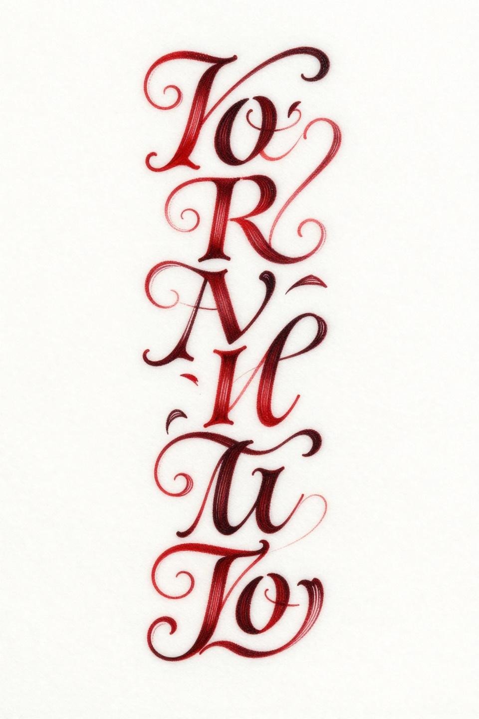 Back tattoo women spine script art nouveau cursive letterforms bilateral hairline flourish swirls crimson black bold 2pt outlines ornamental serif terminals