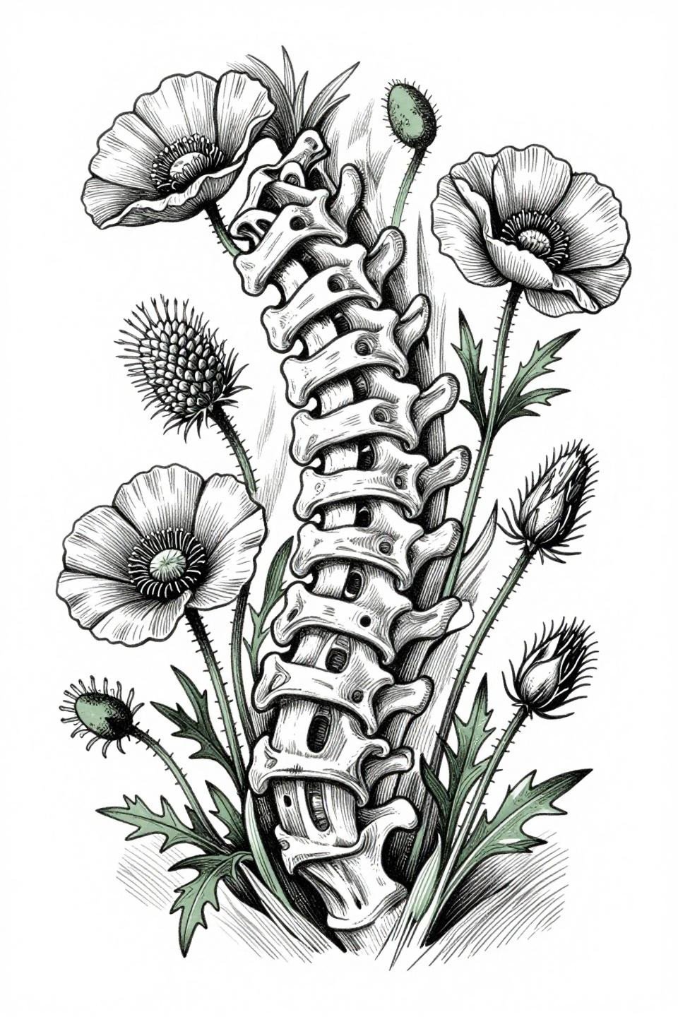 Back tattoo women spine wildflower etching woodcut crosshatch vertebrae poppy thistle asymmetric 2pt engraving strokes sage green accent black fills