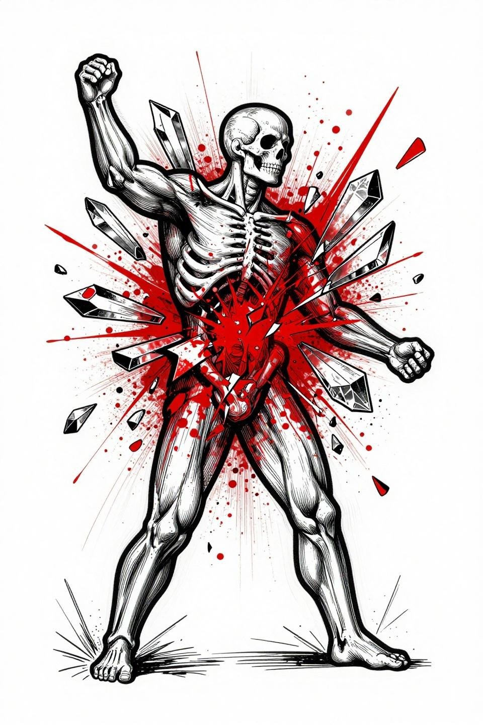 Back tattoo women trash polka shoulder blade anatomical fracture crystalline shards bold 2-3pt black outlines red ink splatter asymmetric aggressive negative space