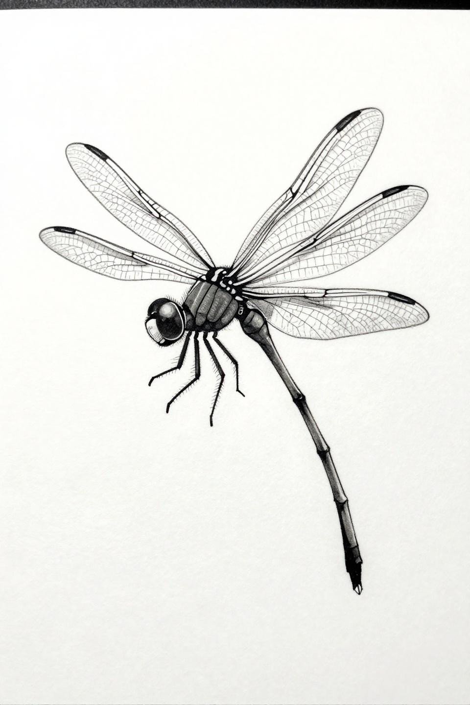 dragonfly tattoo fine line minimal flash, side profile single wing raised, hairline 0.5mm single needle transparent veining, elongated curved body, open negative space on white paper