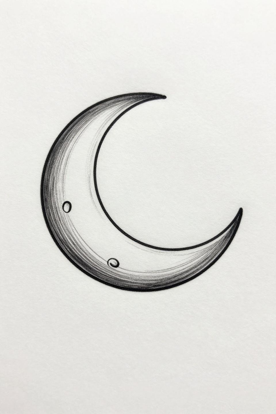 finger tattoo continuous single line crescent moon flash, one unbroken line, circular orbit ring, hairline 0.5mm single needle, open negative space, minimal interior detail on white paper