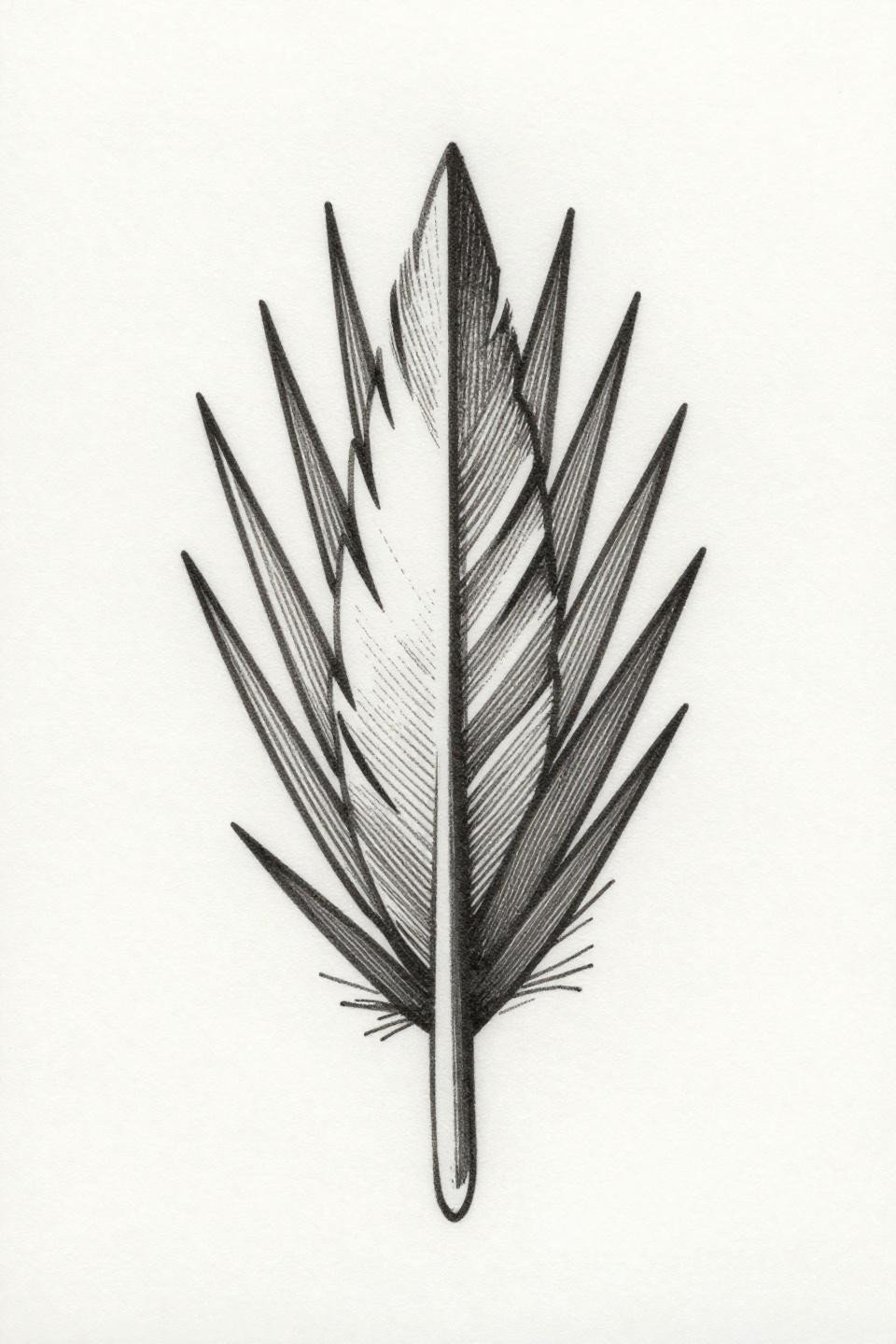 inner ear tattoo geometric feather etching style flash, crosshatch parallel line engraving, vertical shaft asymmetric barbs 45-degree angles, diamond frame composition, dense black ink white paper